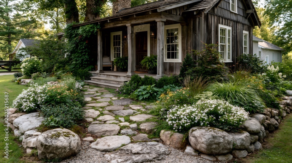 Obraz premium Rustic wooden cottage with stone path and garden