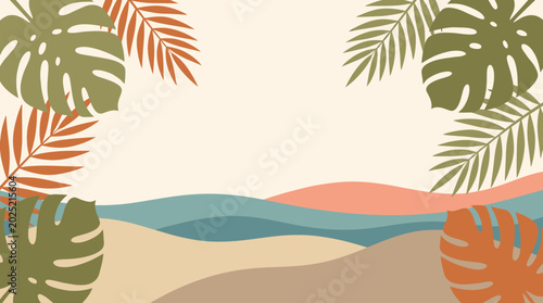 Bild auf Leinwand Vibrant boho summer scene with tropical leaves on a sunny beach landscape
