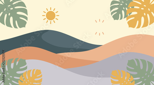 Foto Boho summer vibes with monstera leaves and sunny hills landscape