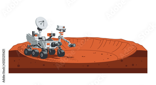 Illustration of a mars rover exploring a red planet surface vector design