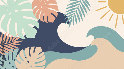 Billede på lærred Vibrant boho summer scene with tropical leaves and waves on a sunny beach