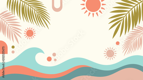 Schilderij op canvas A vibrant tropical abstract illustration of palm trees, suns, and waves on a bea