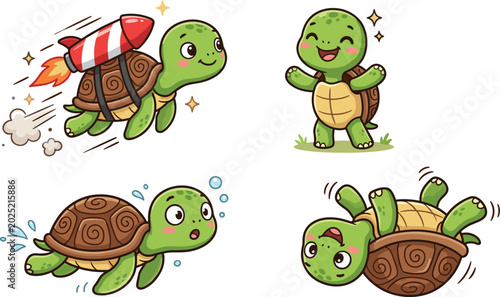 Φωτογραφία Cute Turtle Vector Character Set with Happy Kawaii Tortoise Flying with Rocket S