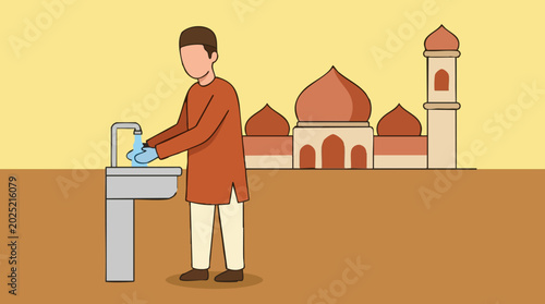 Obraz na płótnie Muslim man performing wudu (ablution) at a mosque, preparing for prayer