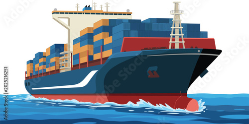 Cargo ship vector illustration with stacked containers sailing on ocean waves representing global freight and maritime transport
