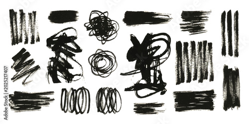 Set of black ink brush strokes and hand drawn scribble lines