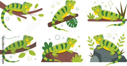 Photos Green iguana vector illustration showing reptiles in natural poses on branches a