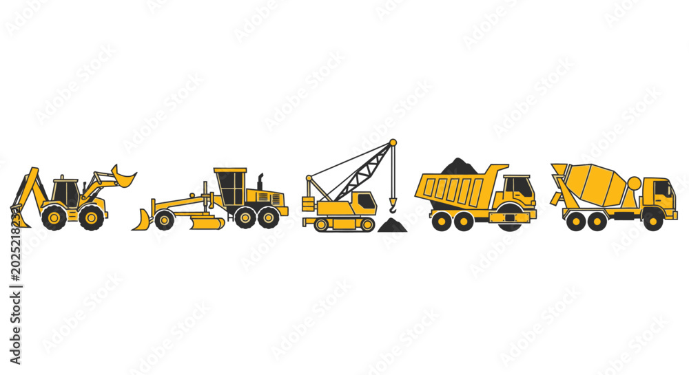 Obraz premium Illustrated construction vehicles excavators graders cranes dump trucks and mixers