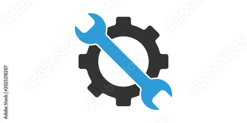 Service tool icon. This isolated flat gear symbol uses modern corporation light blue and gray colors.