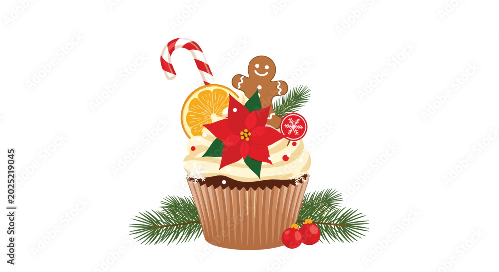 Fototapeta premium Festive christmas chocolate cupcake decorated with a gingerbread man a candy cane orange slice and a red poinsettia flower.