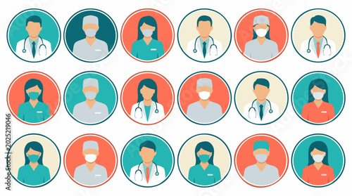 Tableau sur toile Medical staff avatars with and without protective masks, doctors and nurses icon