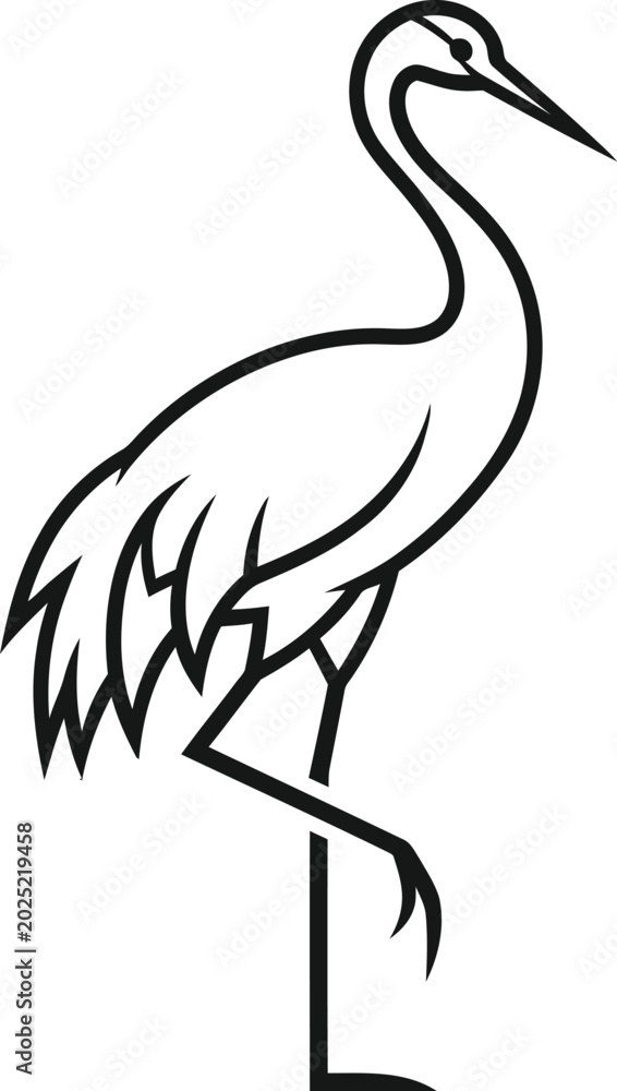 Fototapeta premium Crane bird illustration depicts a minimalist nature silhouette standing on one leg in a simple style.