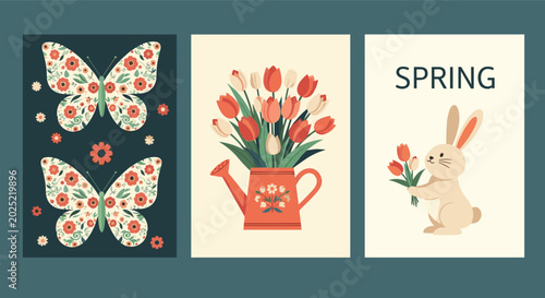 Set of colorful spring themed posters featuring butterflies floral arrangements and a cute rabbit holding a bouquet.