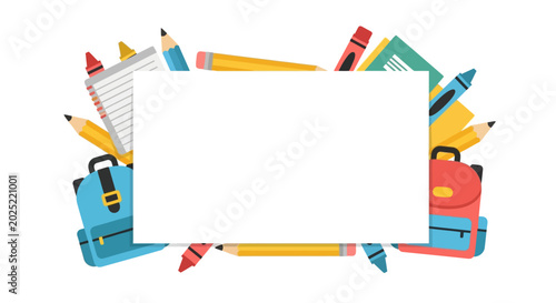 Colorful school supplies border around blank white copy space
