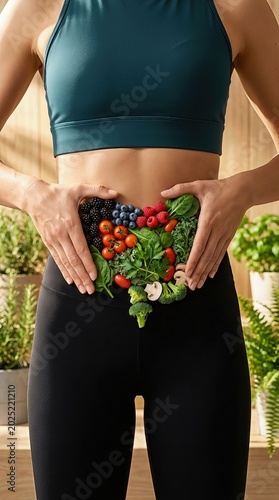 Person's midsection showcasing colorful fresh produce shaped like a healthy digestive organ, representing optimal nutrition, gut health, and vital wellness for a balanced lifestyle.