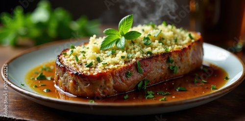Herb-crusted roasted beef with steam and parmesan, steam, parmesan