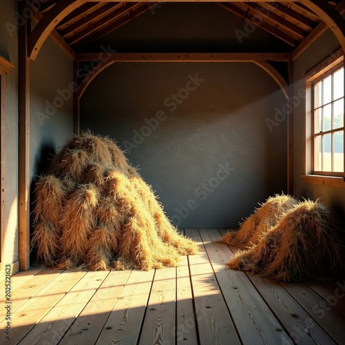 High stack of dry hay in rustic wooden barn interior with natural light pouring in through the windows , barn, farm interior