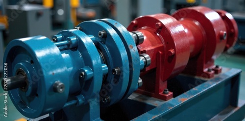 Hydraulic pump with blue and red pistons in a machinery setting, hydraulic pump, industrial