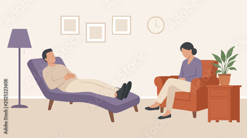 Photos Psychotherapy session with patient on couch and psychologist illustration