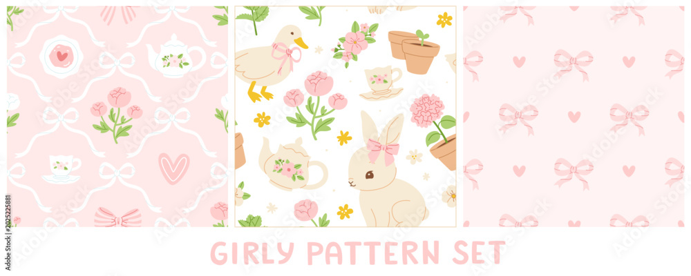 Fototapeta premium Elegant girly print with tea party. Seamless vintage vector print with flowers and animals.