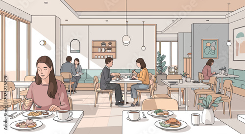 Tablou pe pânză A detailed illustration of people dining and relaxing in a modern, brightly lit cafe or restaurant with various tables and booths
