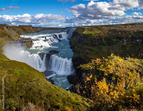 A serene waterfall cascading down a lush green landscape