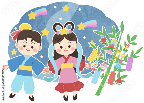 七夕の織姫と彦星と笹飾りのイラスト