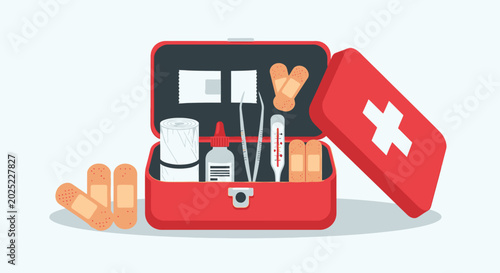 Illustrated first aid kit open showing medical supplies and equipment