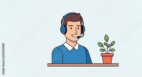 A man wearing a headset sits at a desk with a potted plant.
