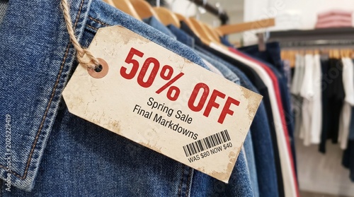Spring sale discount tag hanging on denim jacket in clothing store