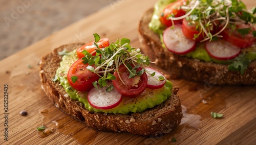 Delicious avocado toast with fresh vegetables.