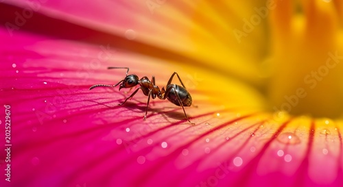 Two ants stand on a vibrant pink and yellow flower petal with dew drops.