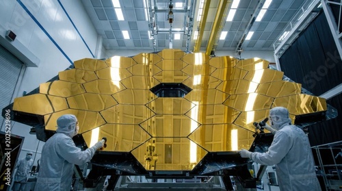 Assembly of a Giant Golden Telescope Mirror: Two scientists in clean suits meticulously work on a massive, golden, hexagonal-tiled mirror, likely part of a space telescope.