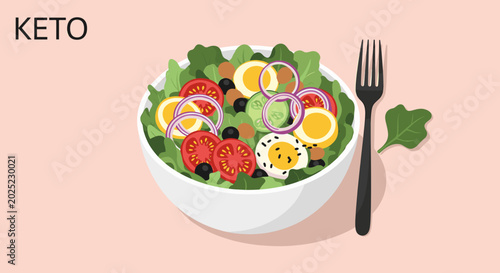 Bilde på lerret A vibrant and healthy keto salad in a white bowl with a fork, featuring fresh vegetables and hard-boiled eggs on a light background