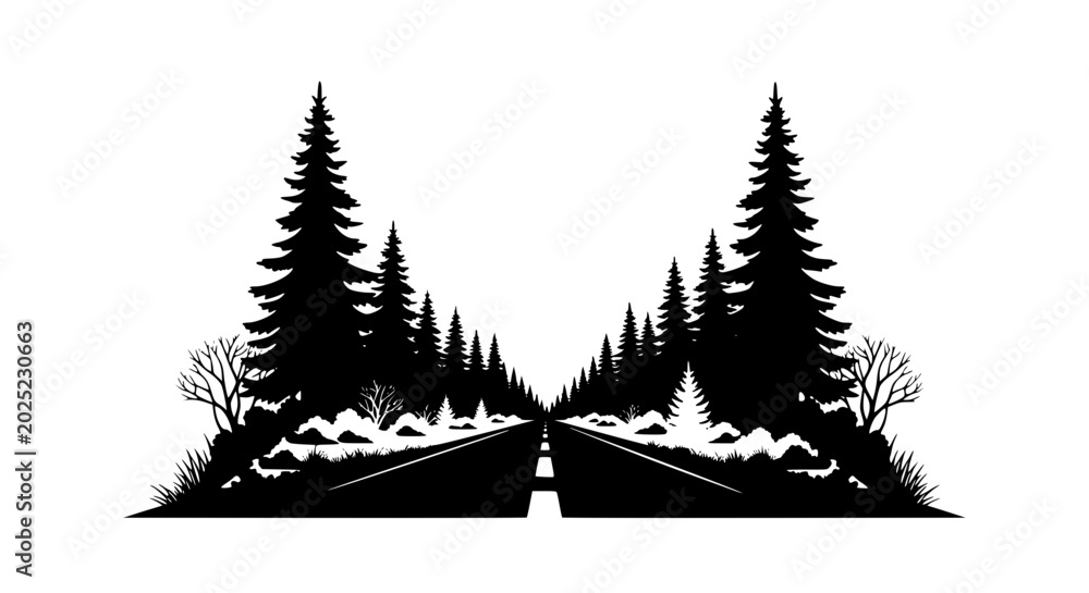 Obraz premium Black and white silhouette of a road through a pine forest