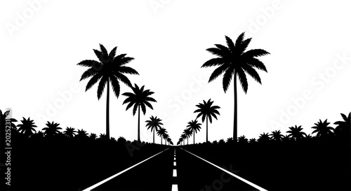 Silhouette of a road lined with palm trees