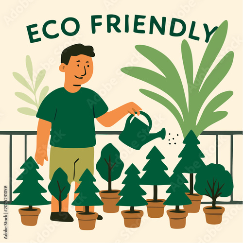 A cartoon man in a green shirt waters various plants and trees in pots on a balcony, eco-friendly gardening concept with a modern artistic style and a nature conservation context.
