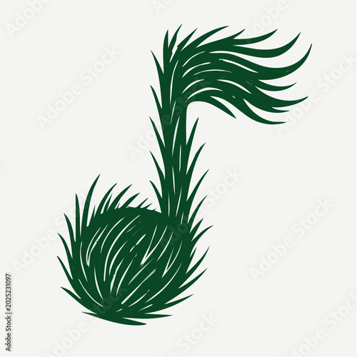 Stylized dark green grassy plant with spiky foliage, artistic vector design on white background, symbolizing nature and growth, simple flat icon style