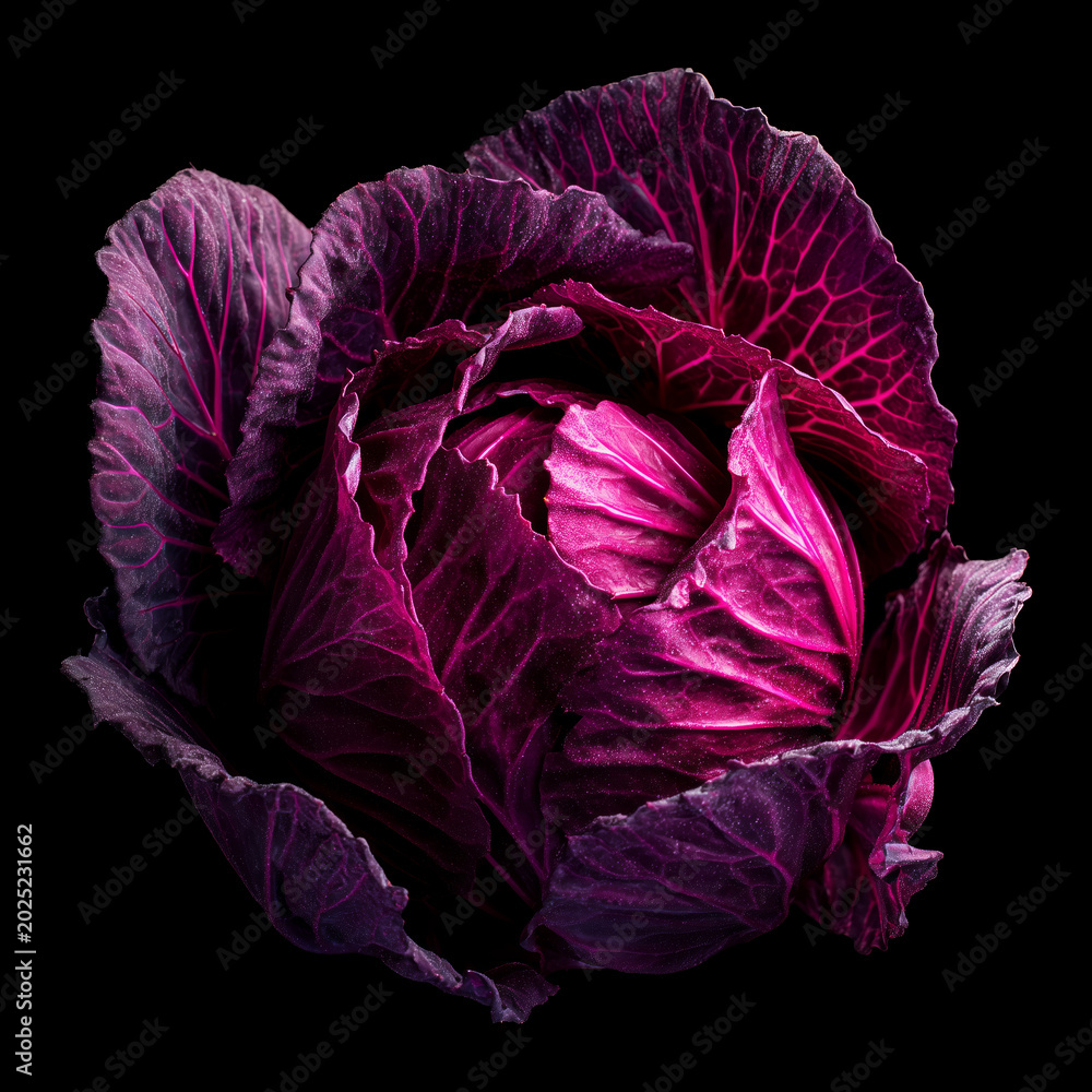 Obraz premium Closeup of purple red cabbage isolated on black background clipping path. Concept of fresh vegetables and healthy eating
