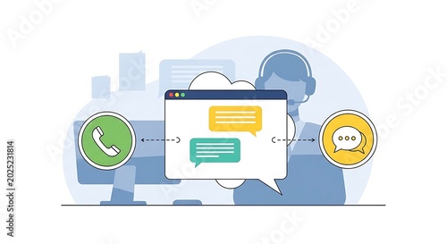 A person communicates through a computer chat window with phone and speech bubbles nearby in a city