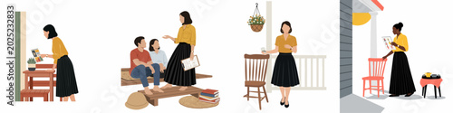 Foto Minimalist illustrations of diverse people engaged in community outreach, home visits, and social work activities in various outdoor settings