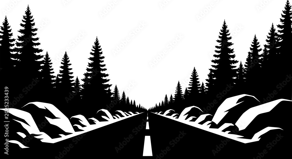 Fototapeta premium Black and white road through a pine forest landscape vector illustration