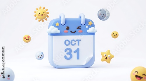 A cute 3D cartoon calendar showing October 31st, surrounded by whimsical sun, moon, stars, and various emoji faces, on a white background.
