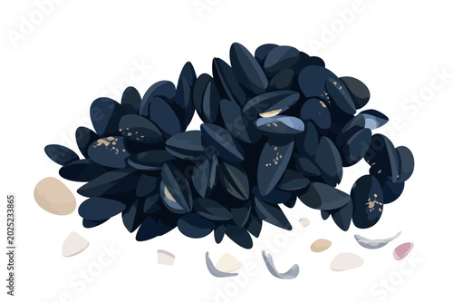 Photography Vsai mussels seafood pile with scattered shells