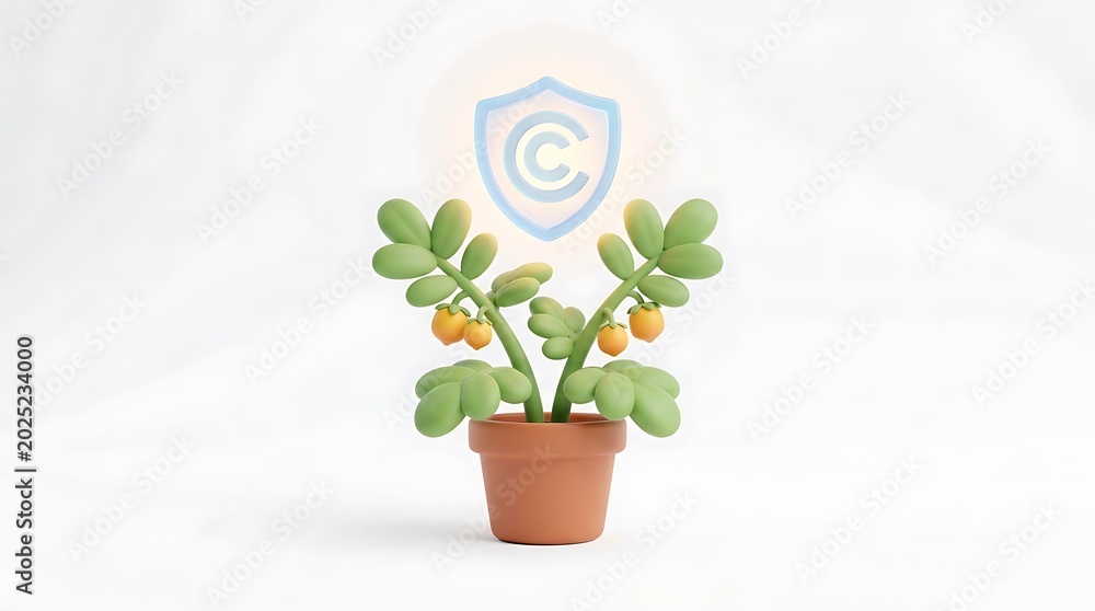 Fototapeta premium A small potted plant with yellow berries and green leaves, under a glowing shield icon with a 'C', symbolizing growth and protection.