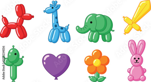 Cute Colorful Kids Vector Set Featuring Balloon Animal, Giraffe, Elephant, Toy Sword, Cactus, Heart Balloon, Flower, and Bunny for Fun, Playful, and Cheerful Illustration