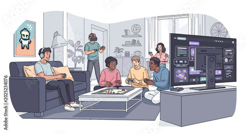 A group of diverse young adults enjoying various gaming and leisure activities in a modern living room, including video games, VR, and board games.