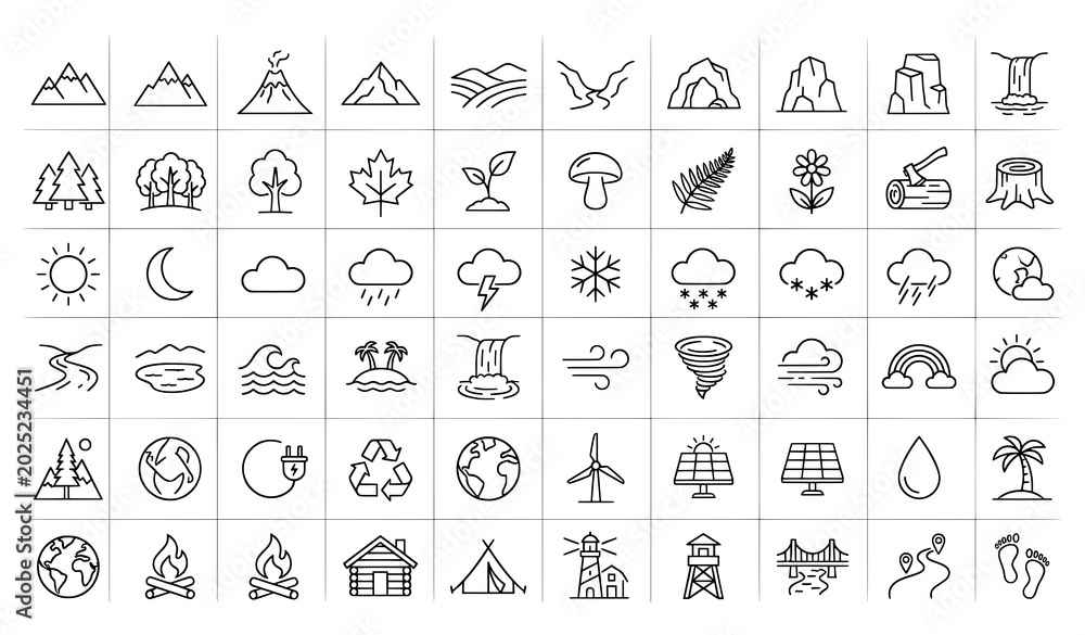 Fototapeta premium Nature and environment icons: mountains trees sun moon clouds water wind rainbow volcano earth recycling camp