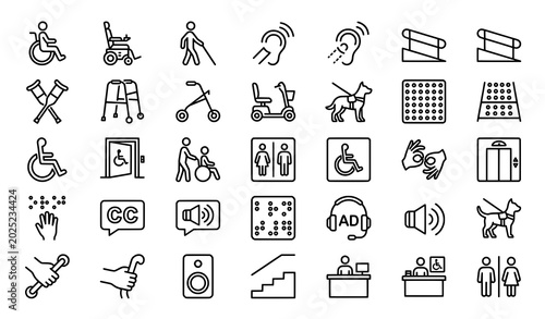 Accessibility and disability support icons: wheelchair walker cane crutches service dog elevator accessible