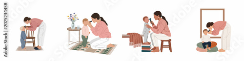 Tableau sur toile Set of four illustrations showing a mother using an otoscope to perform a routine ear checkup on her young toddler at home